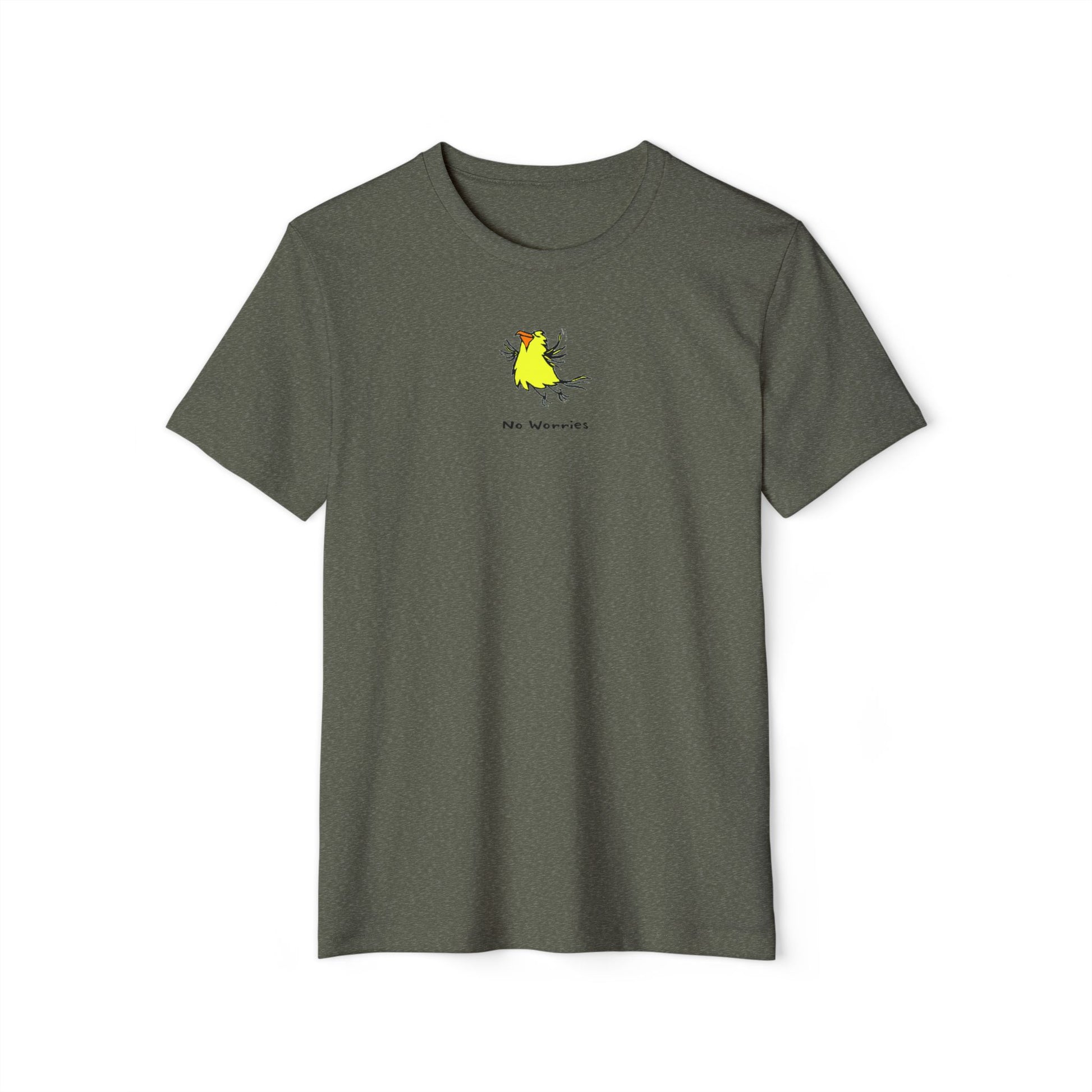 Military green colored t-shirt featuring a small, centered linocut-style illustration of a happy looking flying yellow bird with an orange beak.  Below the artwork is the phrase “No Worries.”