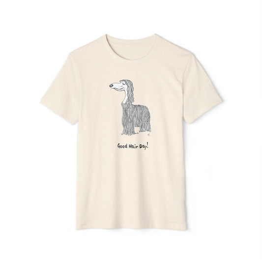 Off-white unisex t-shirt featuring a whimsical line drawing of a long-haired Afghan hound dog with the phrase “Good Hair Day!” printed underneath.