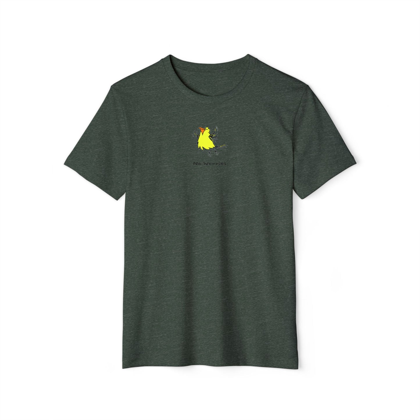 Forest green colored t-shirt featuring a small, centered linocut-style illustration of a happy looking flying yellow bird with an orange beak.  Below the artwork is the phrase “No Worries.”