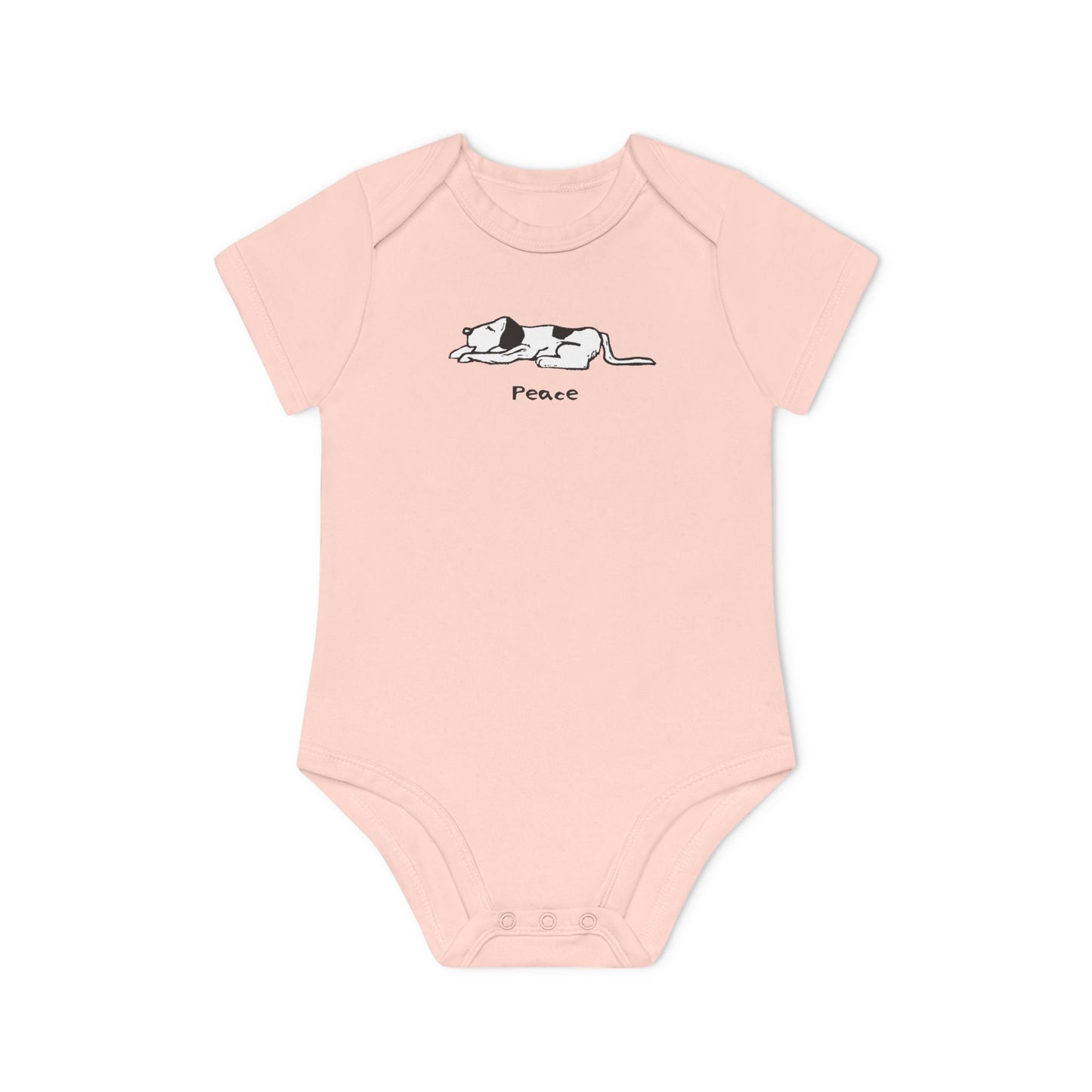 Light pink short sleeve onesie baby bodysuit featuring a simple black and white illustration of a sleeping dog above the word "Peace" printed on the chest.