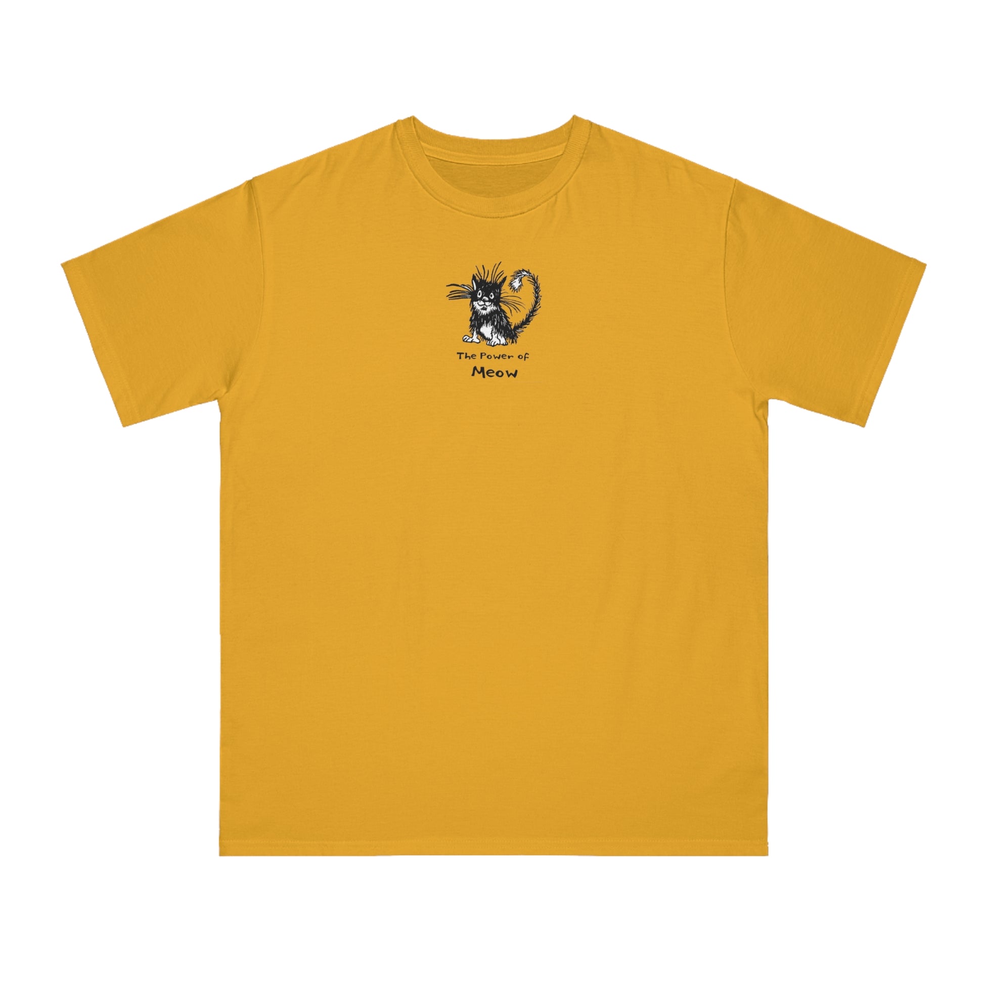 Golden yellow colored t-shirt featuring a cartoon illustration of a scruffy black-and-white cat with its fur standing up, sitting calmly. Below the cat is the text “The Power of Meow” in a playful font.
