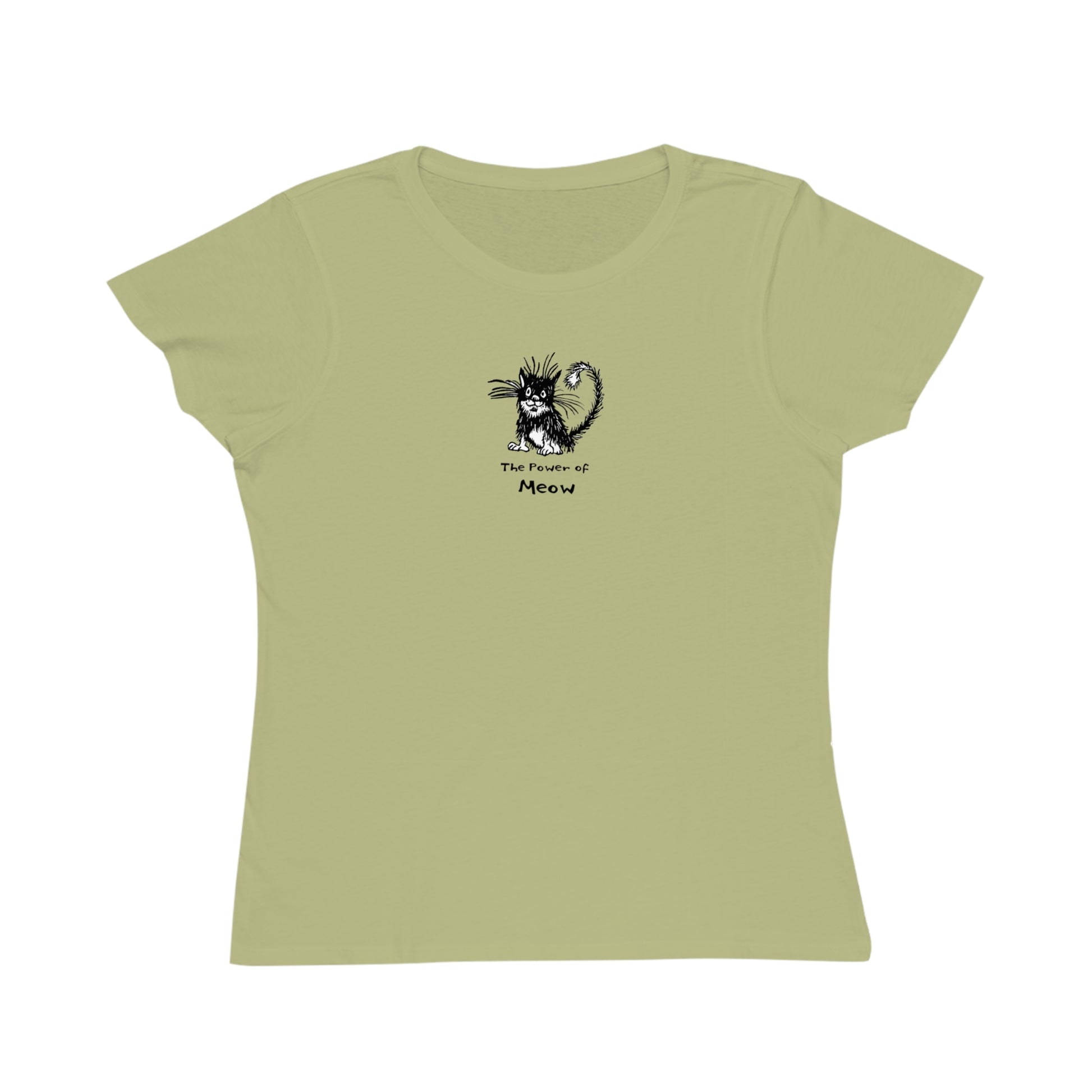 Light green colored women's t-shirt featuring a cartoon illustration of a scruffy black-and-white cat with its fur standing up, sitting calmly. Below the cat is the text “The Power of Meow” in a playful font.