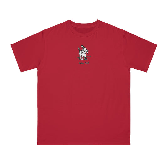 Red t-shirt featuring a small, centered linocut-style illustration of a cartoon dog with a raised ear and tilted head, standing above the caption “Who Me?”