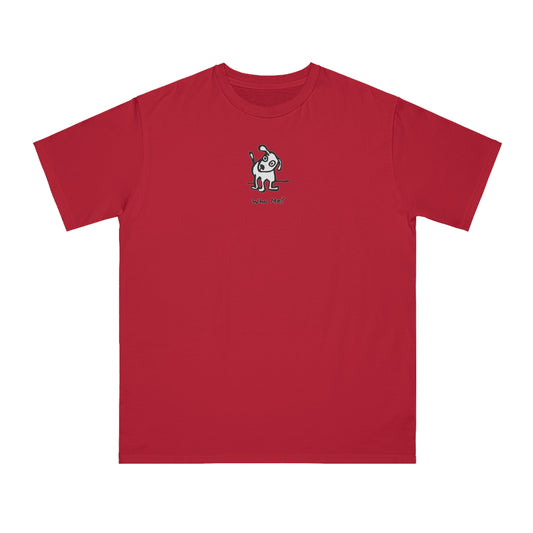 White dog with head cocked to one side on red pepper color unisex men's t-shirt. Text under image reads Who Me