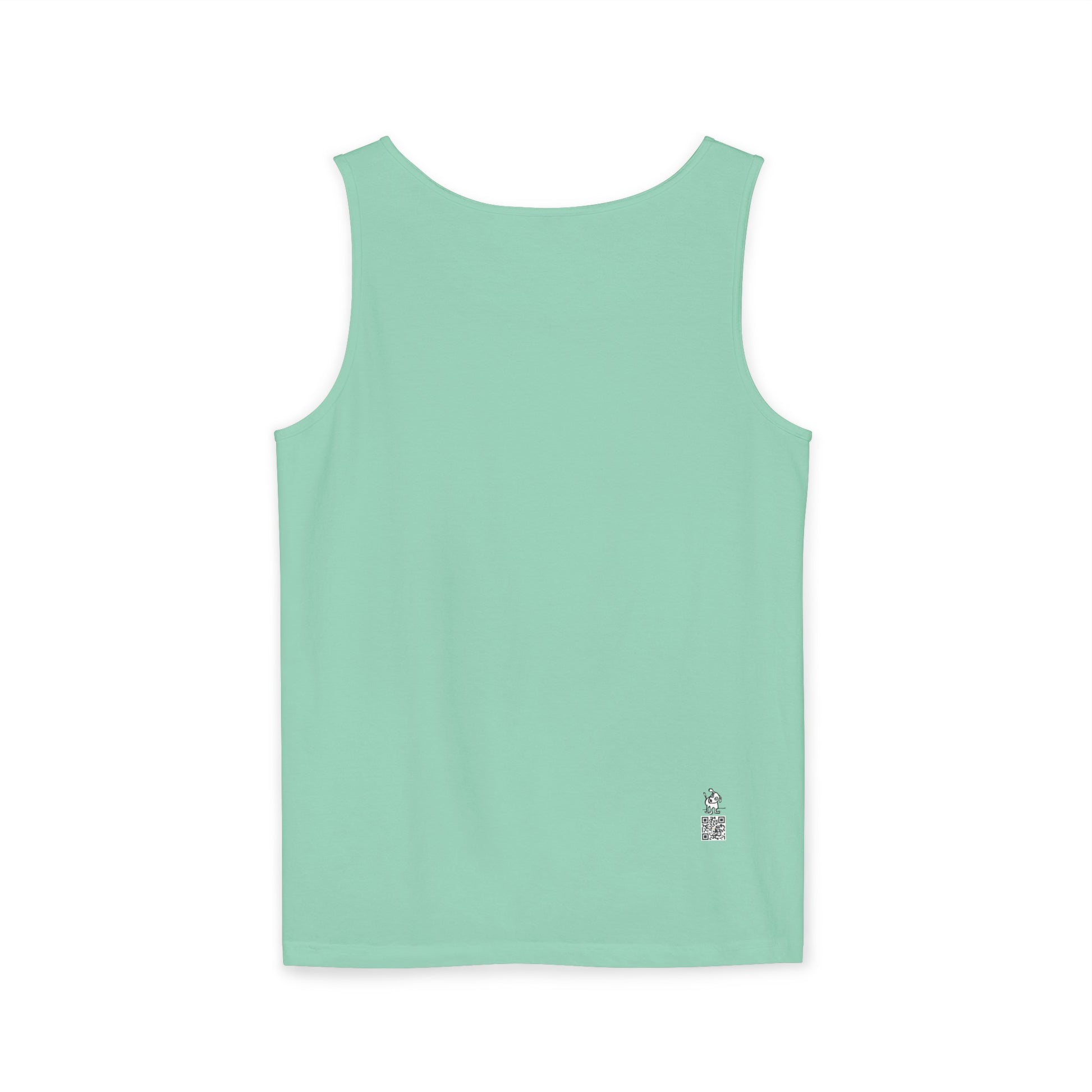 Back view of a chalky-green colored tank top.  There is an approximately 3/4 inch image of the same cartoon-like dog on front with its head tilted and one ear up.  It is above a similar sized QR code on bottom right side of garment.