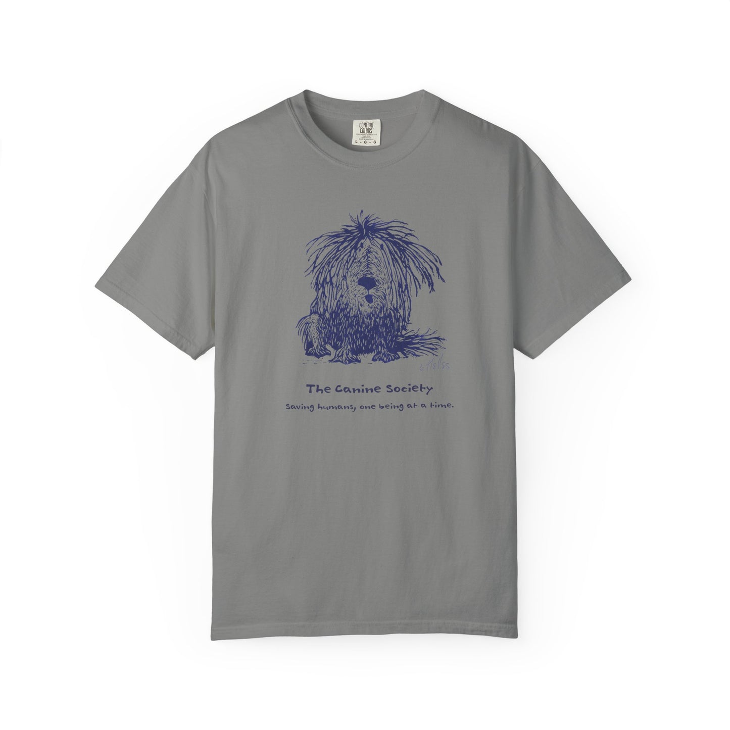 Granite-colored unisex t-shirt featuring a linoleum print image of a shaggy dog in dark blue ink. Text below the image reads "The Canine Society" and "Saving humans, one being at a time."