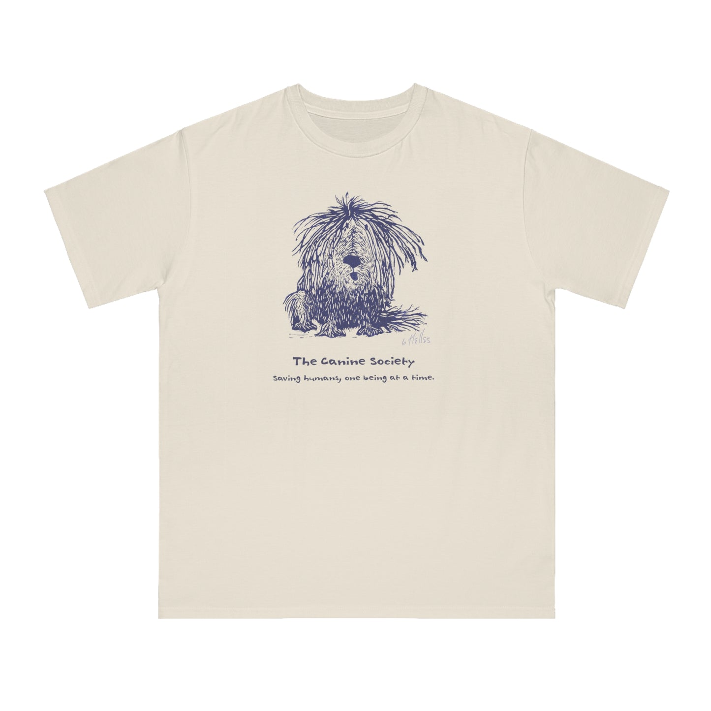 Off white unisex t-shirt featuring a linoleum print image of a funny sitting shaggy dog. Text below the image reads "The Canine Society" and "Saving humans, one being at a time."