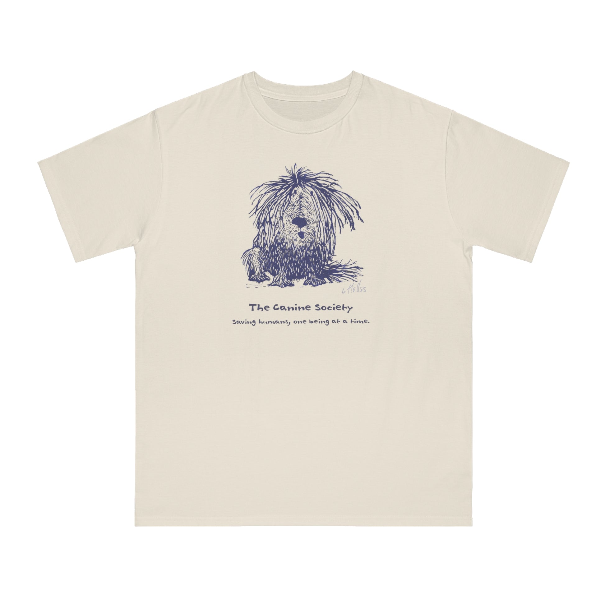 Off white unisex t-shirt featuring a linoleum print image of a funny sitting shaggy dog. Text below the image reads "The Canine Society" and "Saving humans, one being at a time."