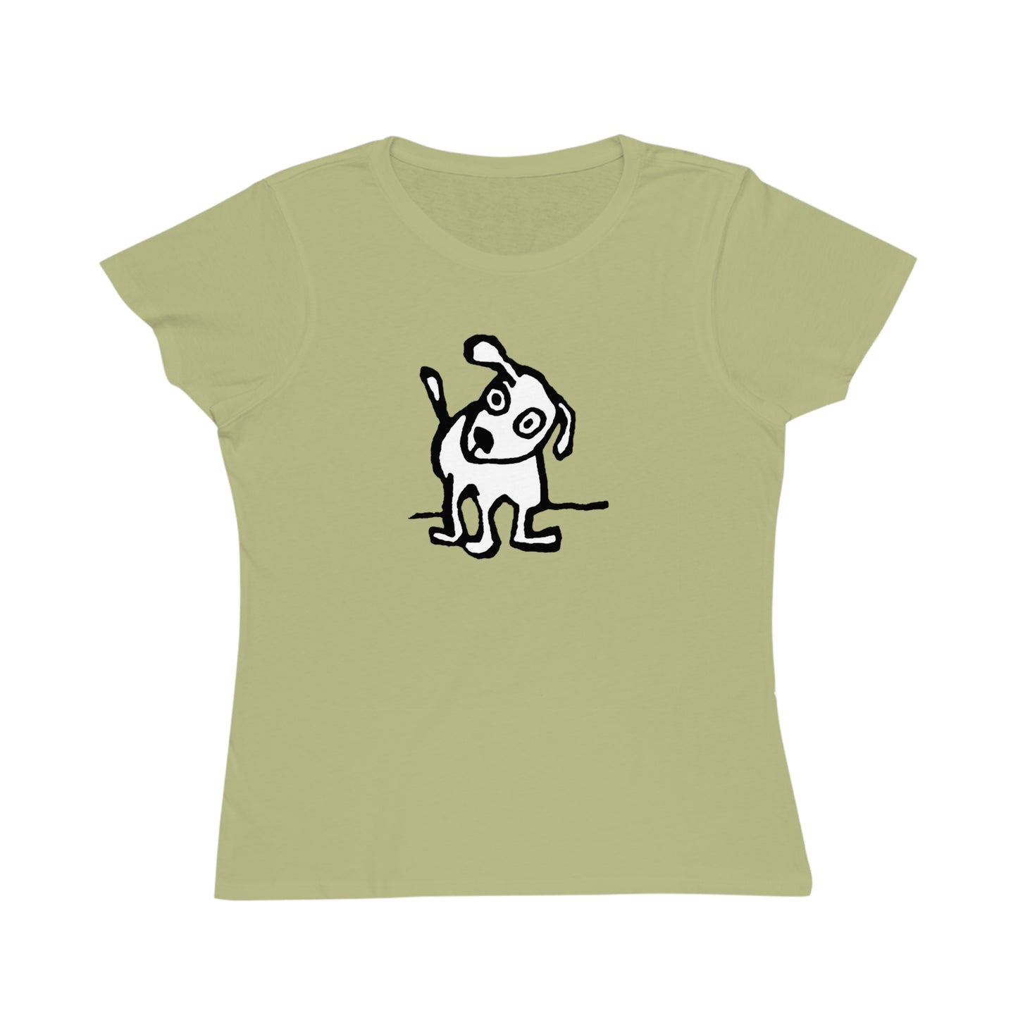Light green t-shirt with cap sleeves featuring design of a playful, cartoon-style dog with one ear raised and a wagging tail.