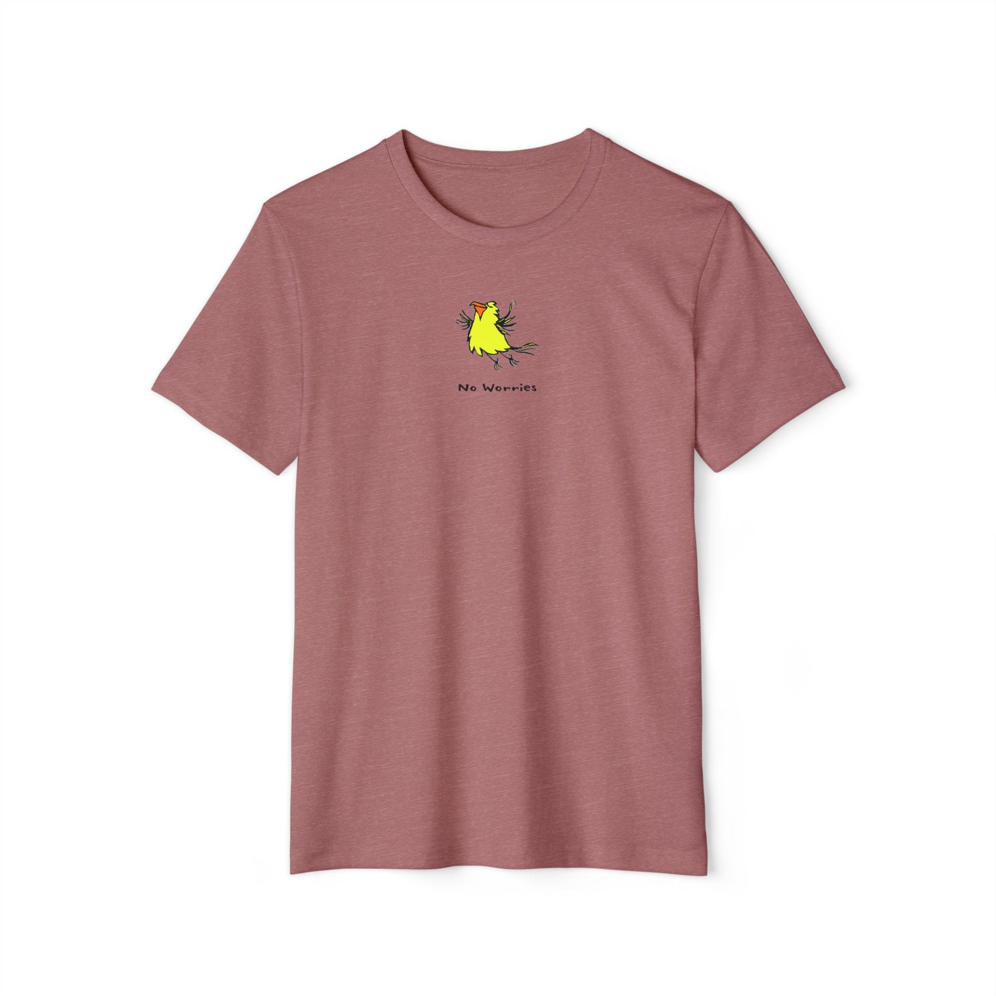 Heather red t-shirt featuring a small, centered linocut-style illustration of a happy looking flying yellow bird with an orange beak.  Below the artwork is the phrase “No Worries.”