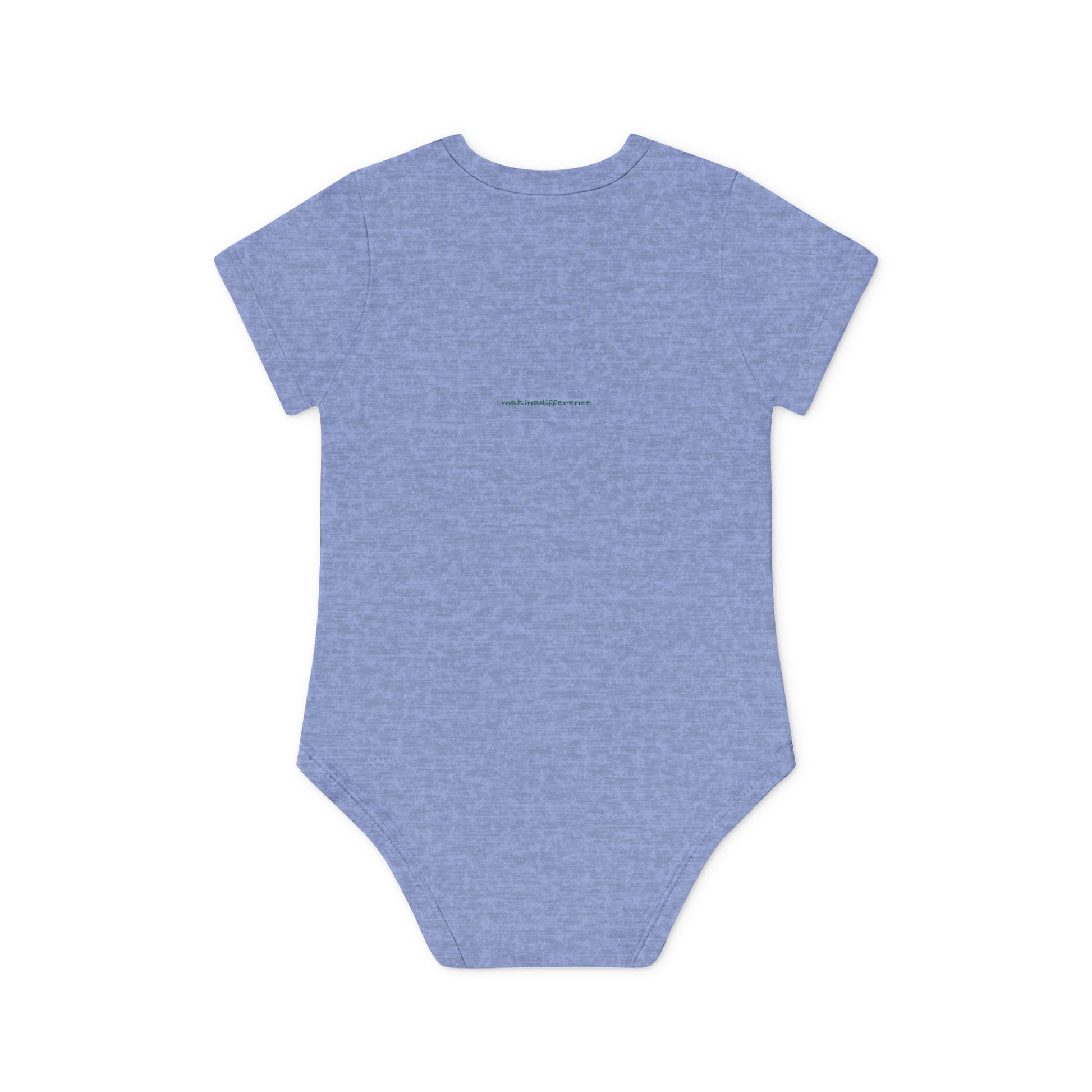 Heather blue colored baby onesie viewed from the back, featuring small, centered text near the upper back that reads "makinadifference.net" in a simple, dark font.