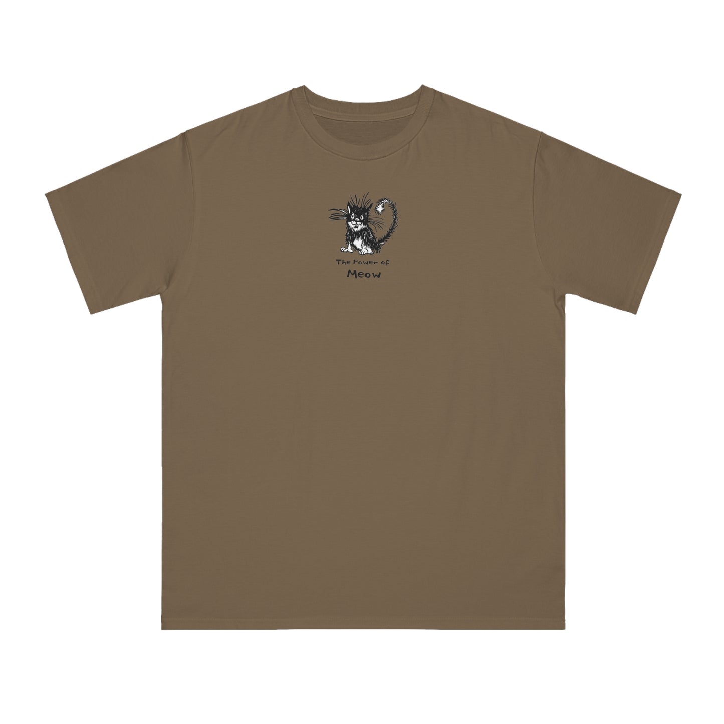 Brown t-shirt featuring a cartoon illustration of a scruffy black-and-white cat with its fur standing up, sitting calmly. Below the cat is the text “The Power of Meow” in a playful font.
