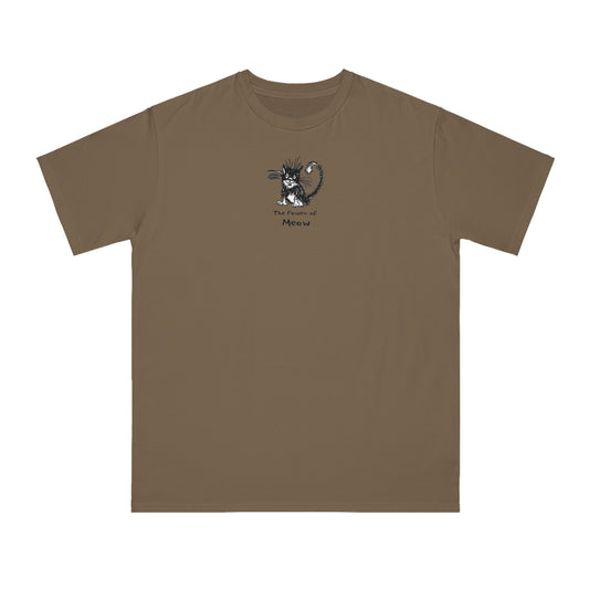 Black and white cat sitting on meteorite brown color unisex men's t-shirt. Text under reads The Power of Meow