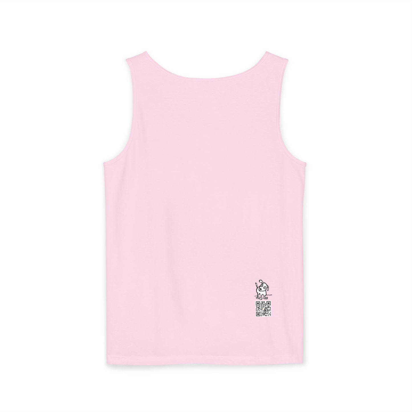 Back of light pink tank top with small dog logo above small QR code printed on lower right side.
