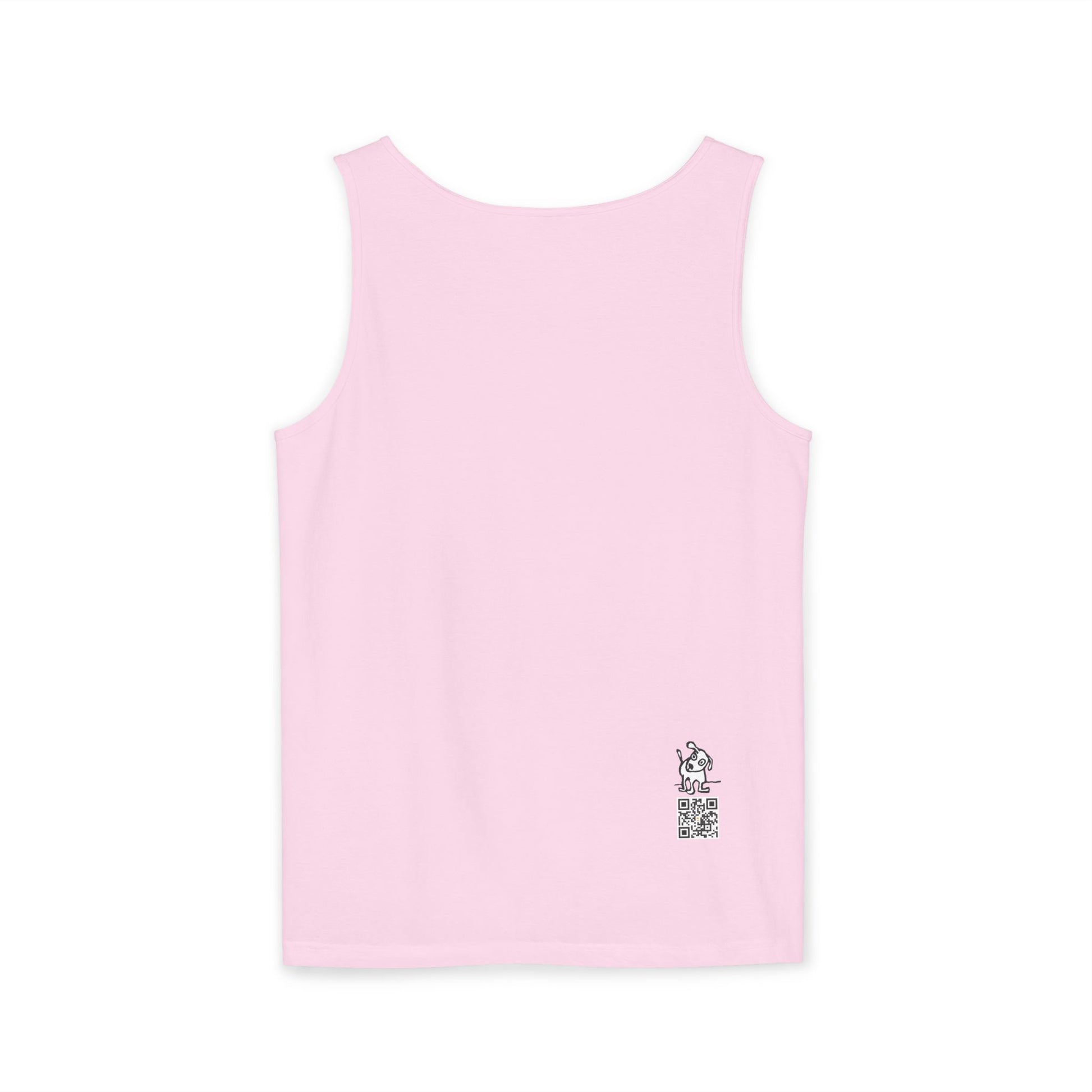 Back of light pink tank top with small dog logo above small QR code printed on lower right side.