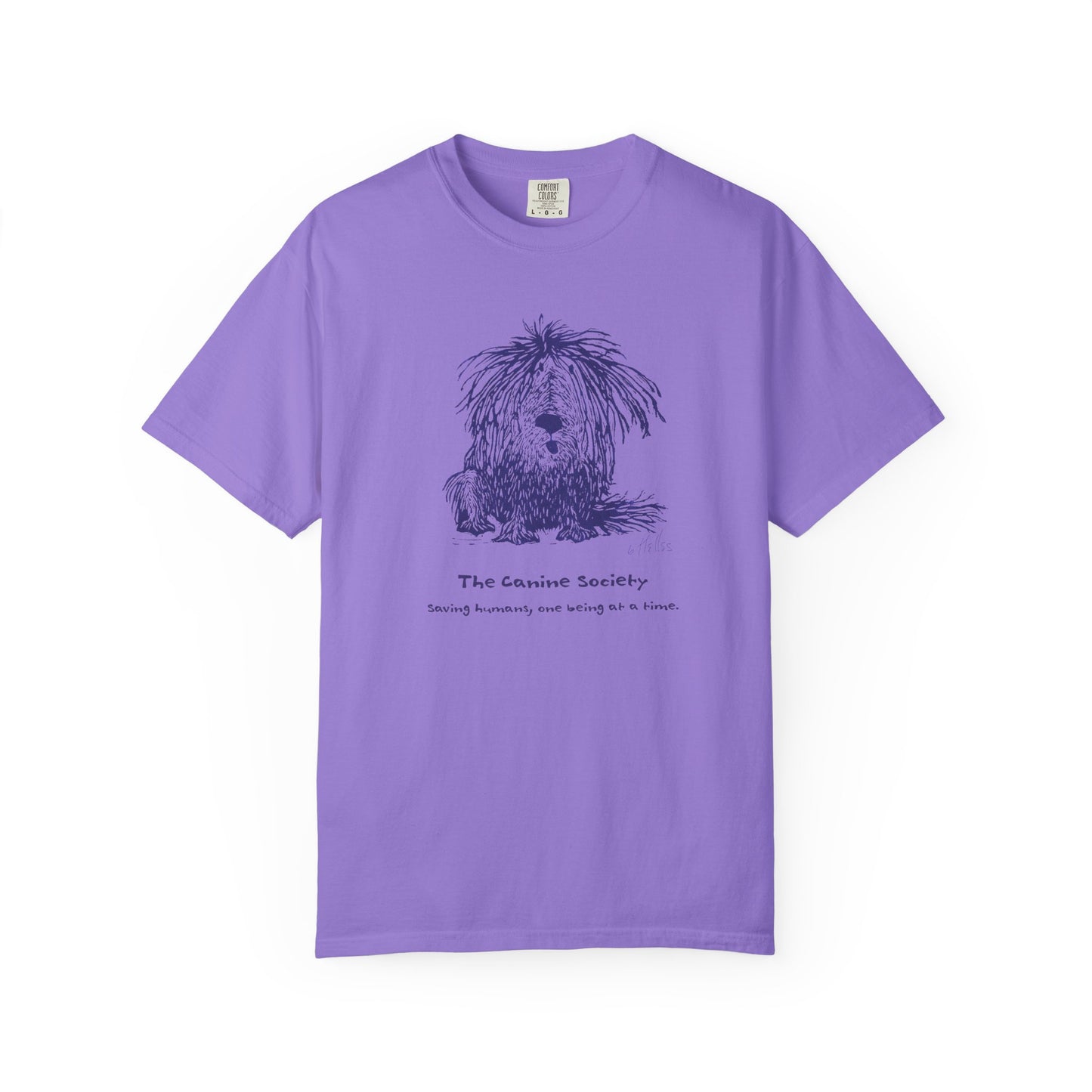 Violet unisex t-shirt featuring a linoleum print image of a shaggy dog in dark blue ink. Text below the image reads "The Canine Society" and "Saving humans, one being at a time."