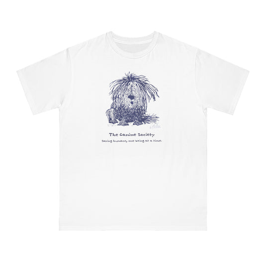White unisex t-shirt featuring a linoleum print image of a funny sitting shaggy dog. Text below the image reads "The Canine Society" and "Saving humans, one being at a time."