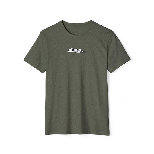 Black and white lying down sleeping dog on heather green color unisex men's t-shirt.  Text under image says Peace.