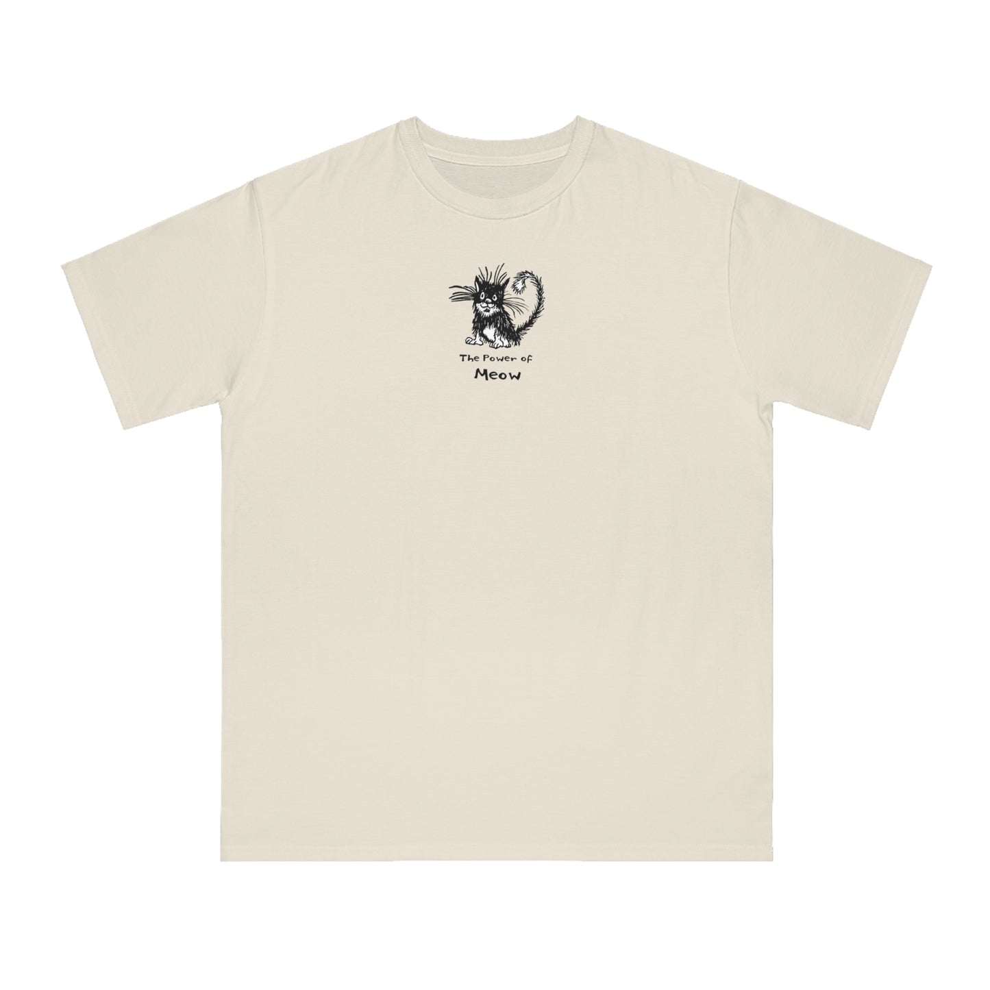 Very light shaded blue, almost white t-shirt featuring a cartoon illustration of a scruffy black-and-white cat with its fur standing up, sitting calmly. Below the cat is the text “The Power of Meow” in a playful font.