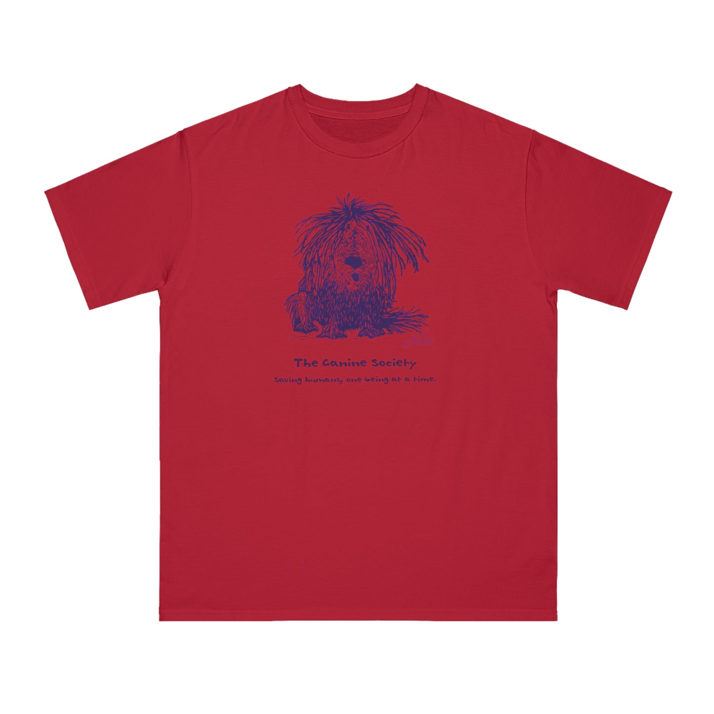 Red unisex t-shirt featuring a linoleum print image in dark blue ink of a sitting shaggy dog. Text below the image reads "The Canine Society" and "Saving humans, one being at a time."