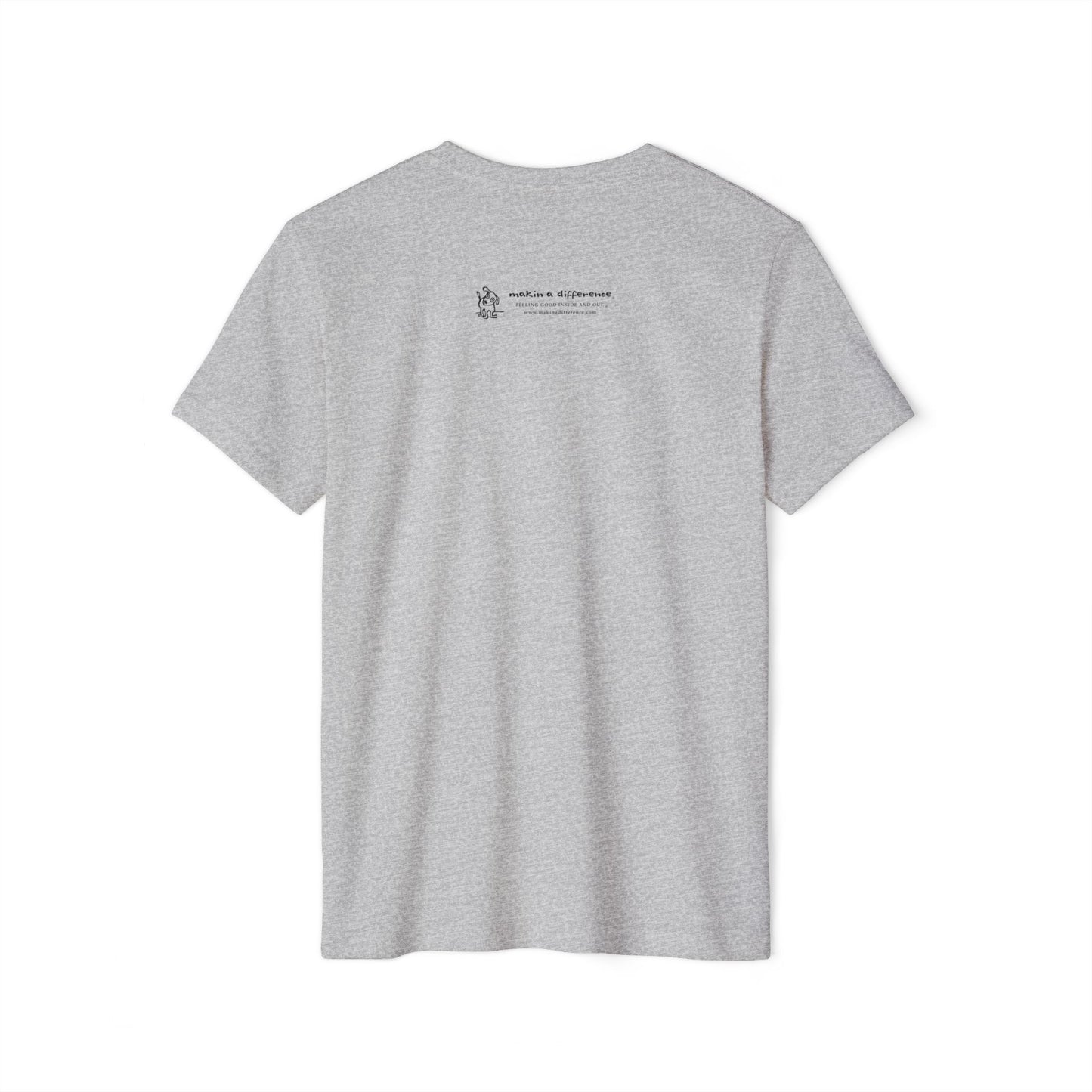 Heather gray colored t-shirt viewed from the back, featuring small black text and a simple cartoon graphic centered near the upper back. The text reads “Makin’ a Difference. makinadifference.com” with line below "Feeling Good Inside & Out" with a small illustration of a dog next to it.