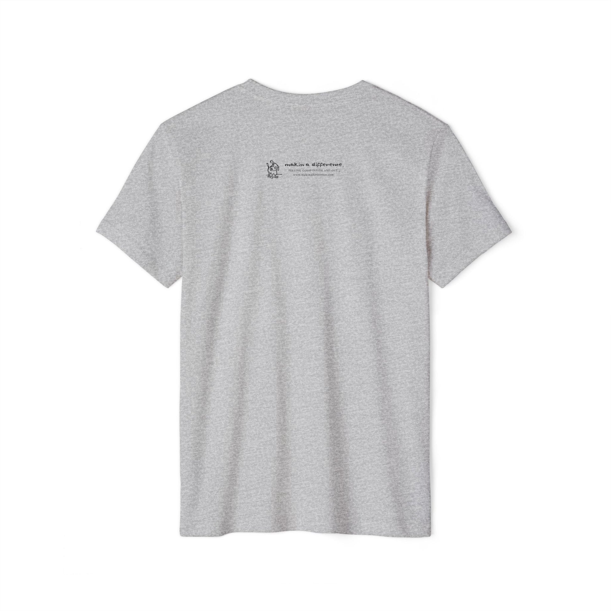 Heather gray colored t-shirt viewed from the back, featuring small black text and a simple cartoon graphic centered near the upper back. The text reads “Makin’ a Difference. makinadifference.com” with line below "Feeling Good Inside & Out" with a small illustration of a dog next to it.