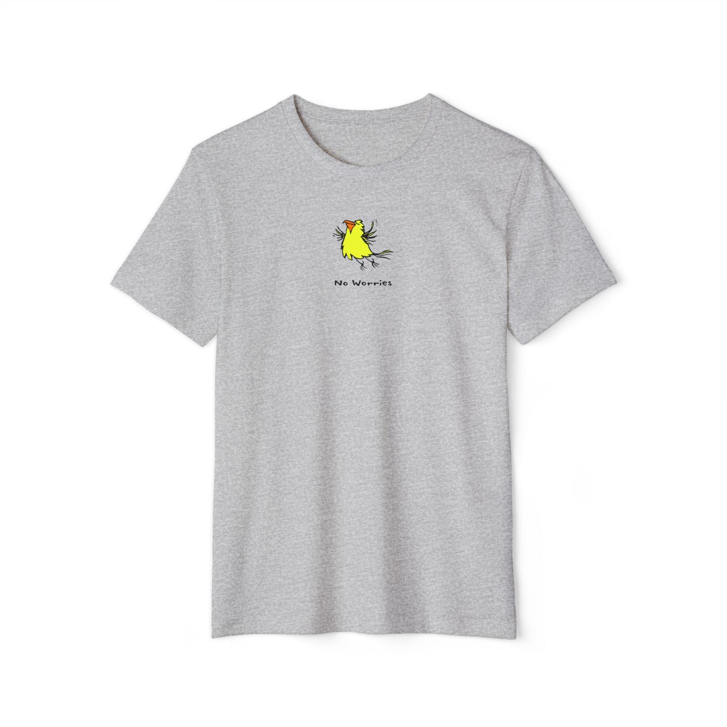 Heather gray t-shirt featuring a small, centered linocut-style illustration of a happy looking flying yellow bird with an orange beak.  Below the artwork is the phrase “No Worries.”