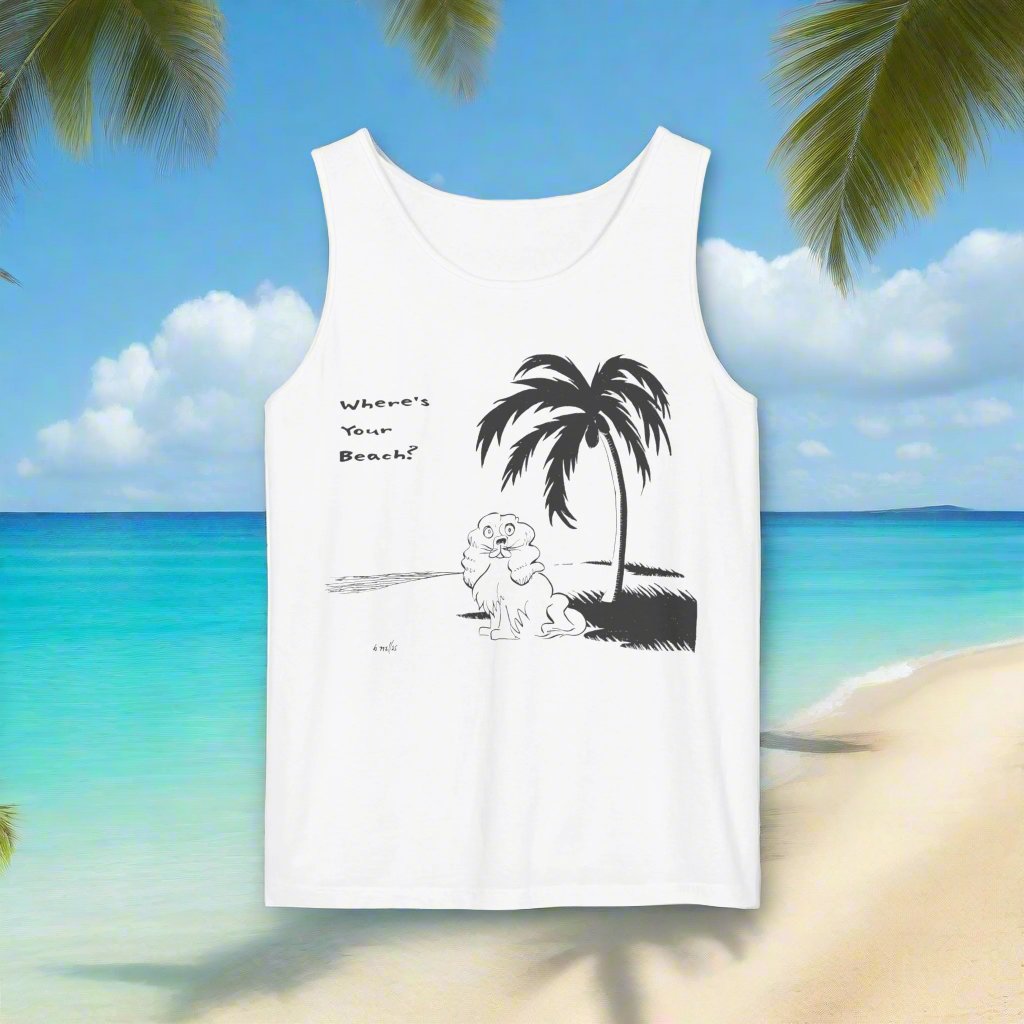 White colored tank top with image of cocker spaniel on beach under palm tree with text reading Where's Your Beach?