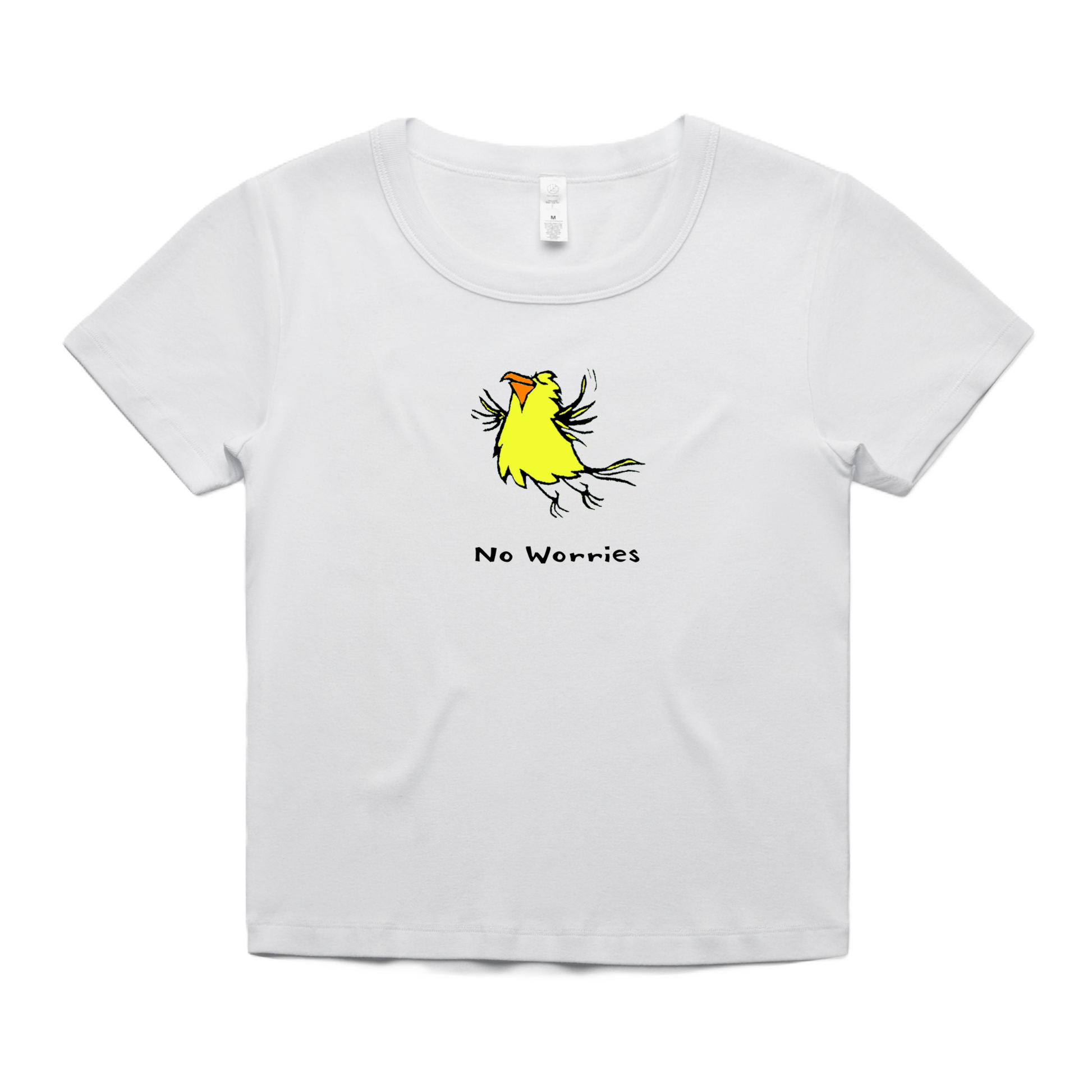 Off-white baby tee featuring a cartoon like illustration of a yellow flying happy bird with orange beak.  No Worries text written underneath.