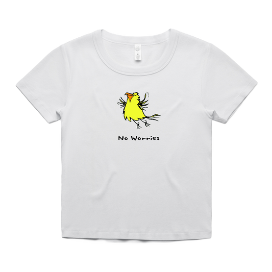 Off-white baby tee featuring a cartoon like illustration of a yellow flying happy bird with orange beak.  No Worries text written underneath.