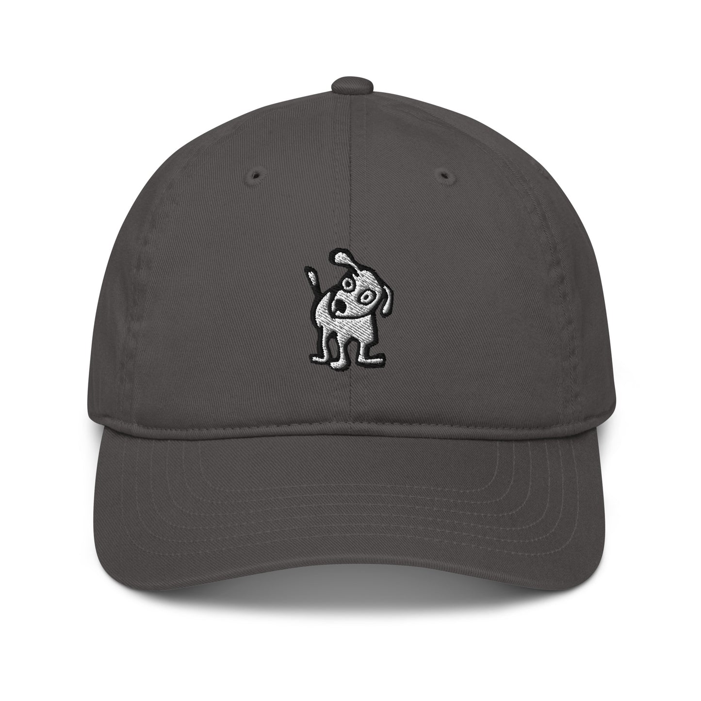 Charcoal baseball cap with an embroidered cartoon-style dog, one ear raised and tail wagging, centered on the front panel.