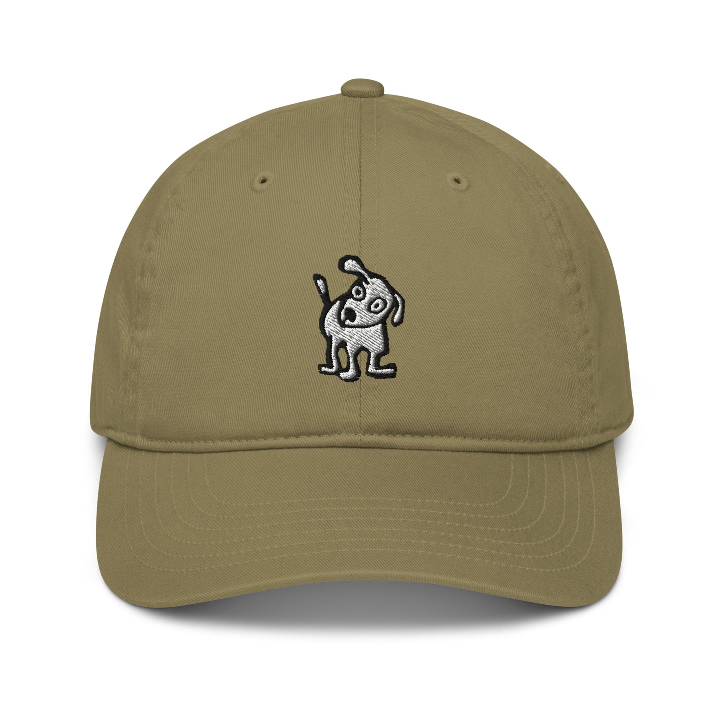 Jungle green baseball cap with an embroidered cartoon-style dog, one ear raised and tail wagging, centered on the front panel.