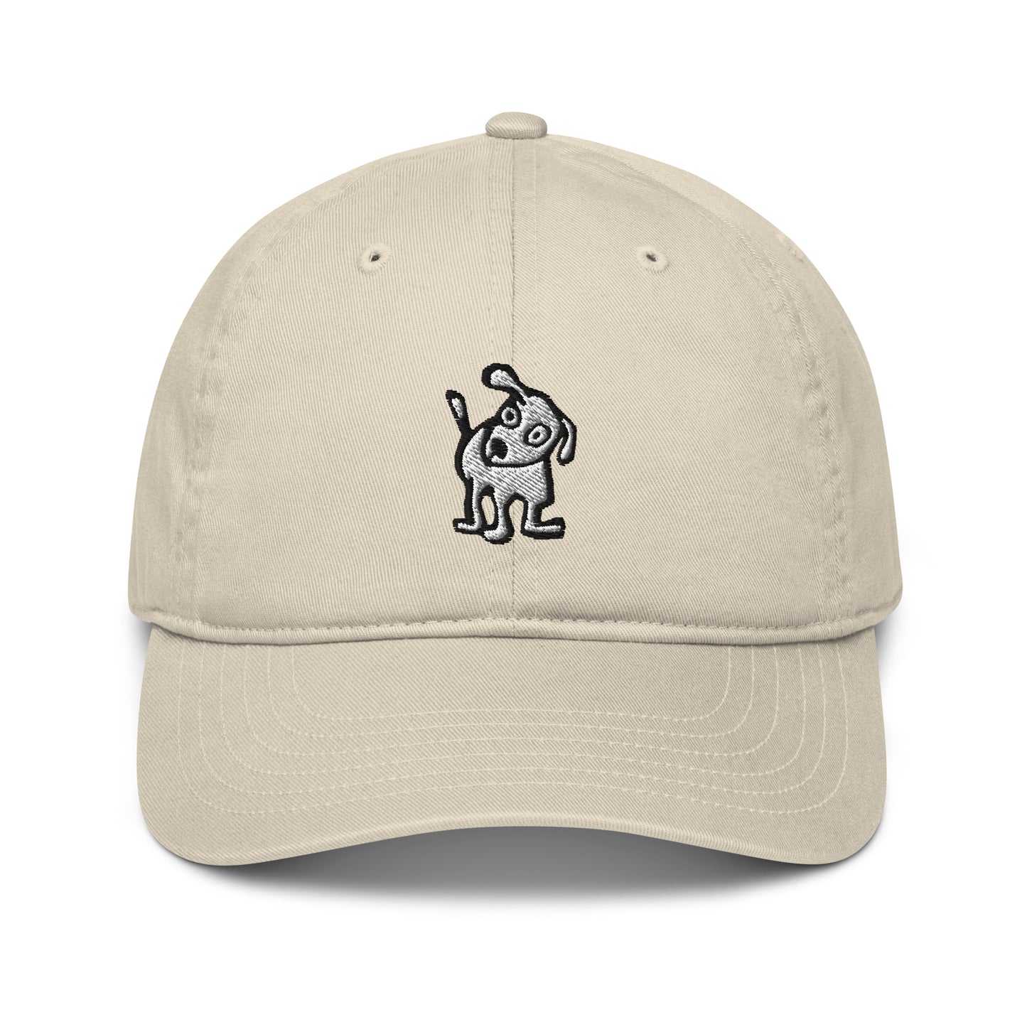 Oyster baseball cap with an embroidered cartoon-style dog, one ear raised and tail wagging, centered on the front panel.