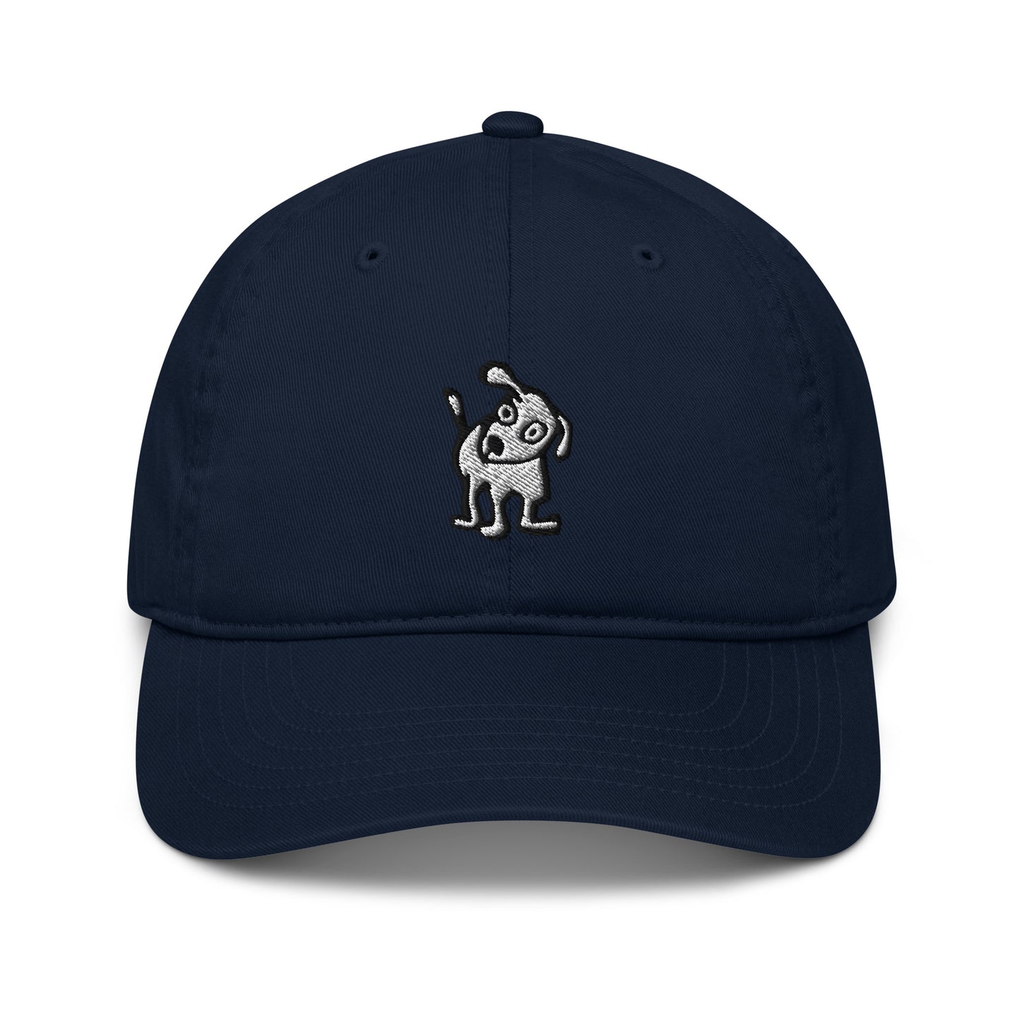 Navy blue baseball cap with an embroidered cartoon-style dog, one ear raised and tail wagging, centered on the front panel.