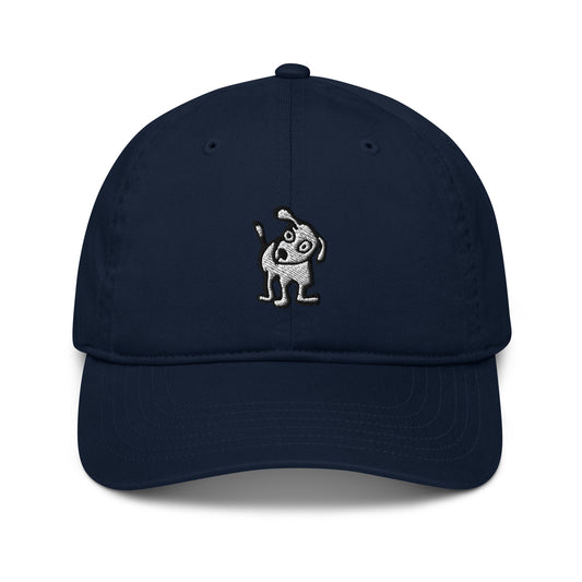 Navy blue baseball cap with an embroidered cartoon-style dog, one ear raised and tail wagging, centered on the front panel.