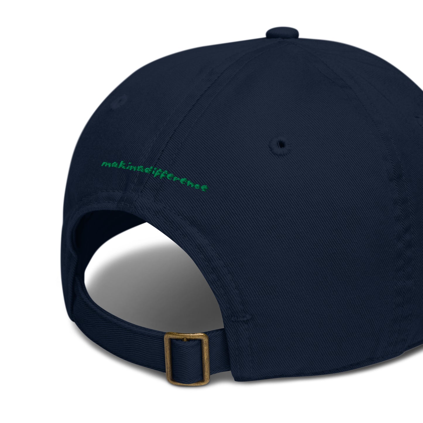 Back of organic pacific blue baseball cap featuring an adjustable brass buckle strap and embroidered "makinadifference"