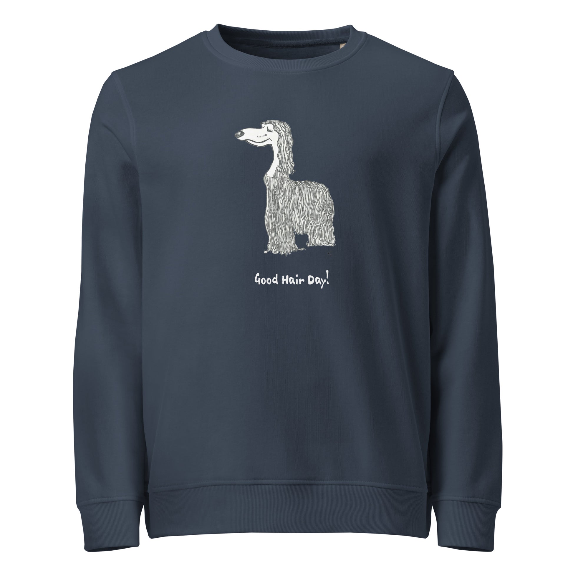 Eco-friendly French Navy crewneck sweatshirt featuring a whimsical line drawing of a long-haired dog and the phrase ‘Good Hair Day!’ printed below.
