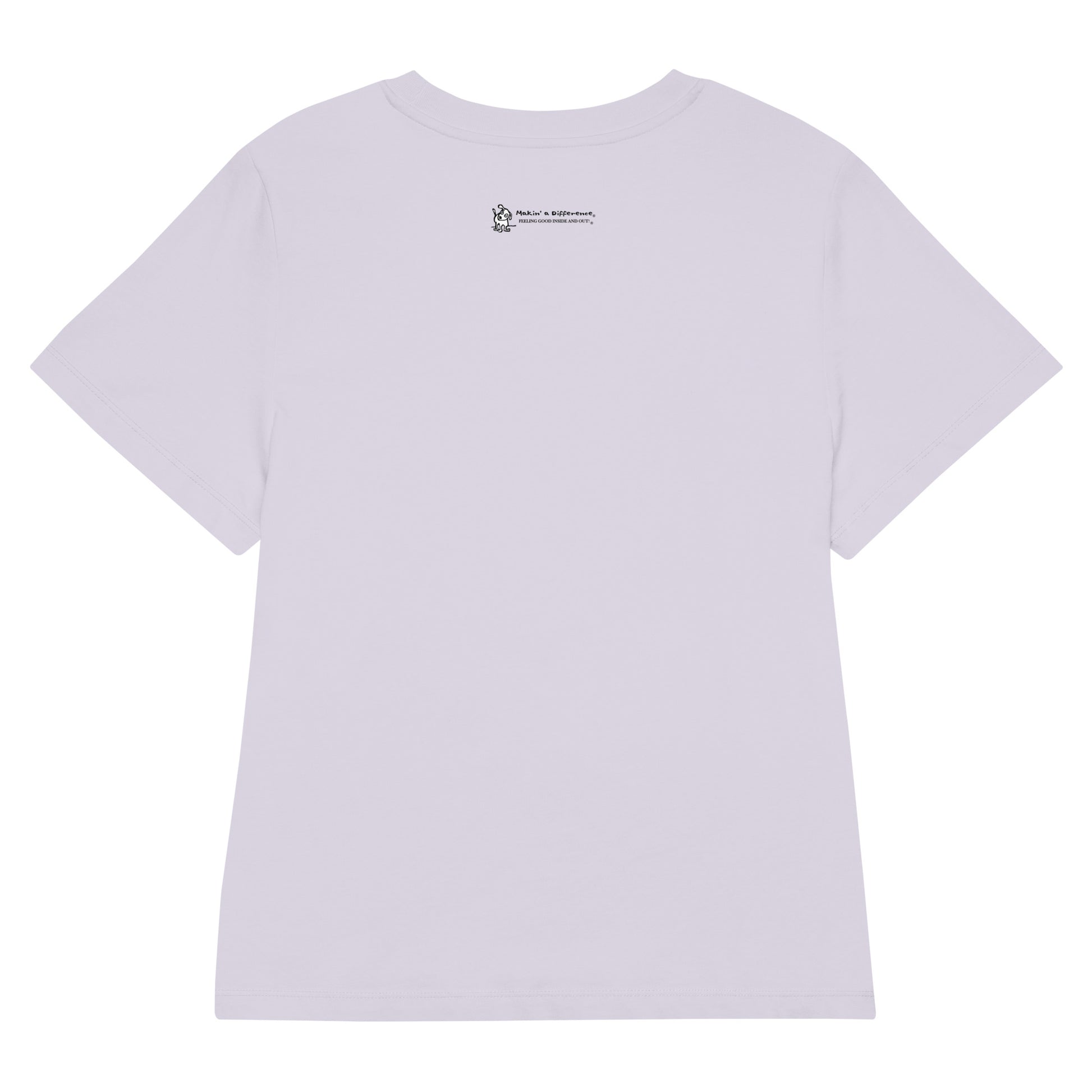 Lavender t-shirt viewed from the back, featuring small black text and a simple cartoon graphic centered near the upper back. The text reads “Makin’ a Difference. makinadifference.com” with line below "Feeling Good Inside & Out" with a small illustration of a dog next to it.