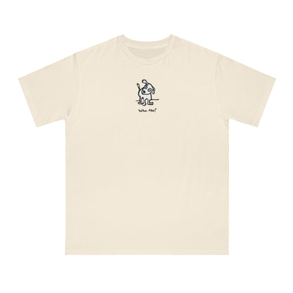Natural white organic unisex t-shirt featuring a playful, cartoon-style dog with one ear raised and a wagging tail, with the caption “Who Me?” printed below—a fun eco-friendly graphic tee for dog lovers.