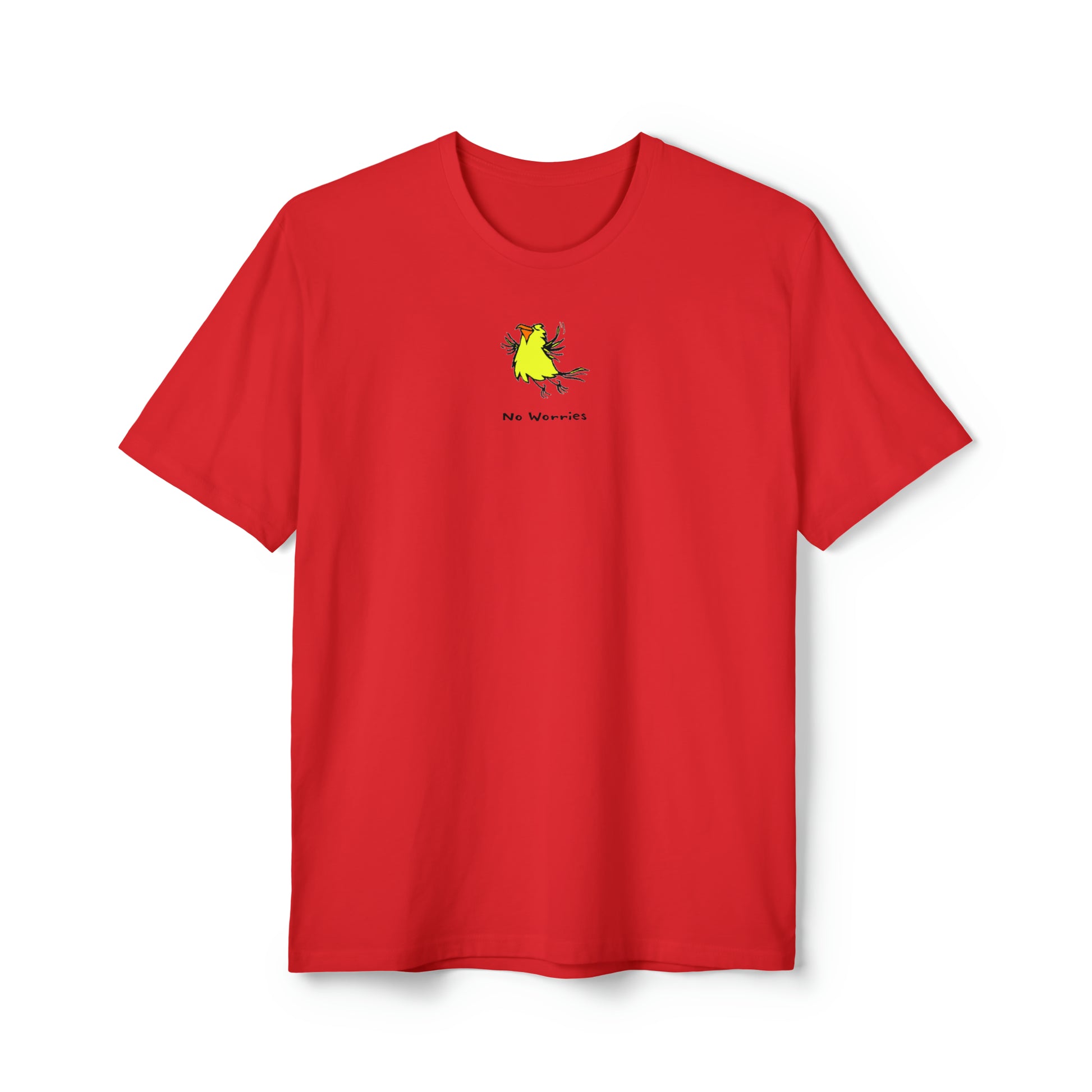 Yellow flying bird with orange beak on ruby red color recycled unisex men's t-shirt. Text under image says No Worries