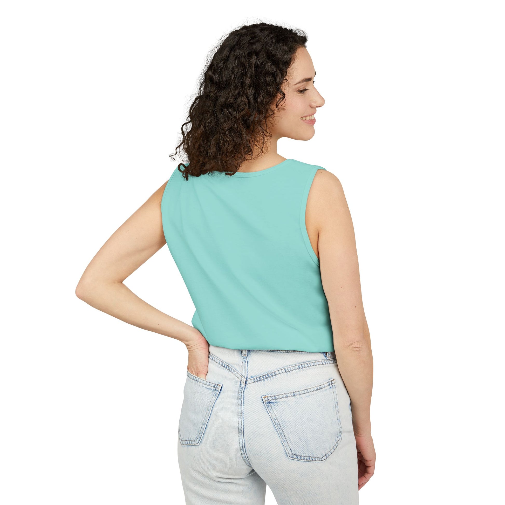 Back of woman wearing chalky mint colored tank top.  No visible image.  Tank top is tucked into jeans.