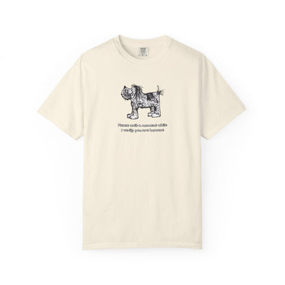 Comfort Colors unisex ivory, off-white short-sleeve crew neck T-shirt featuring shaggy dog artwork from an original linoleum block print by Barry Nelles, with the humorous text “Please wait a moment while I verify you are humane” printed below the image. Makin’ a Difference.