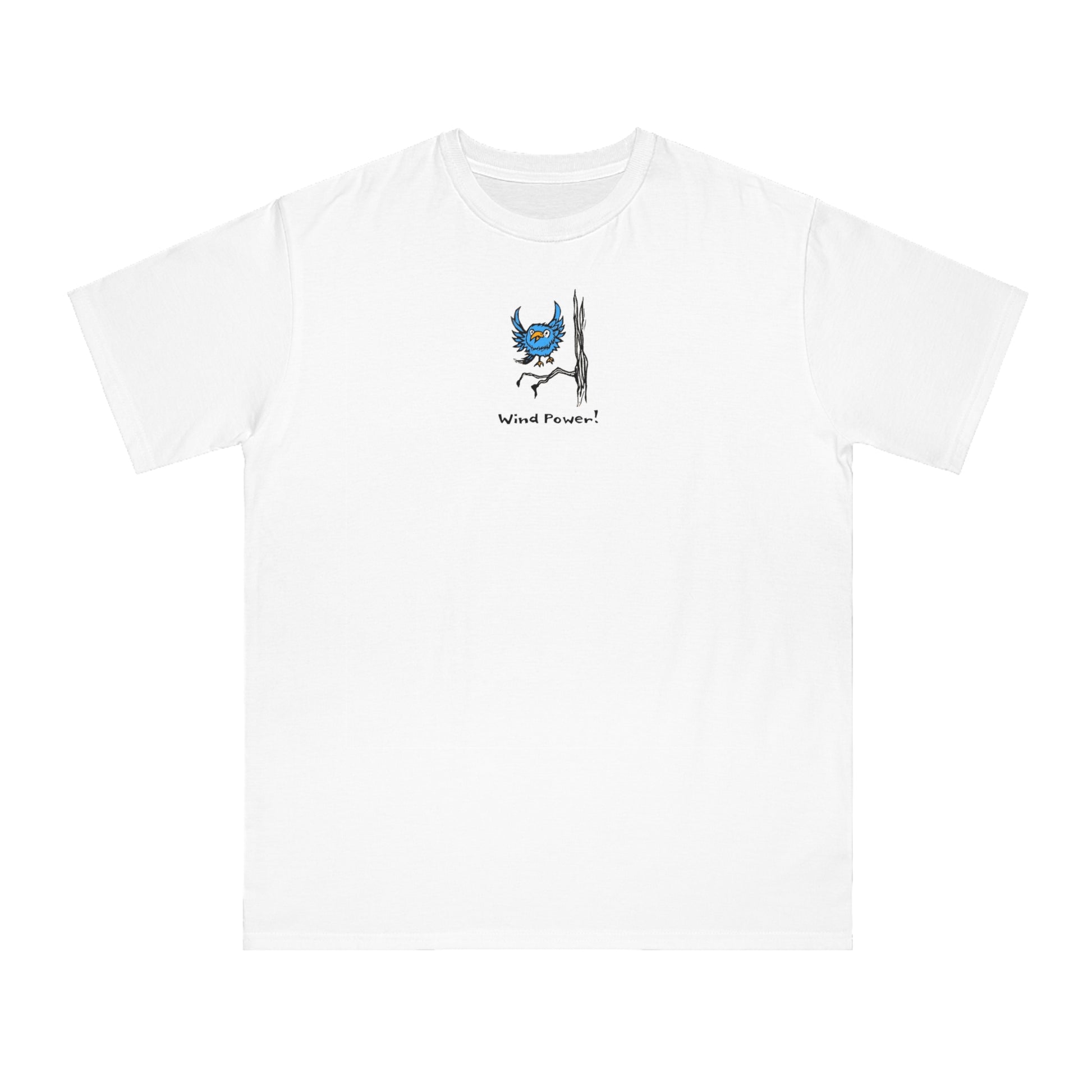 Blue bird with orange beak flying over branch on tree on white color unisex men's t-shirt. Text under it reads Wind Power