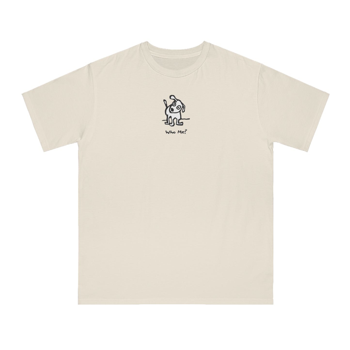 White dog with head cocked to one side on dolphin blue tinted unisex men's t-shirt. Text under image reads Who Me