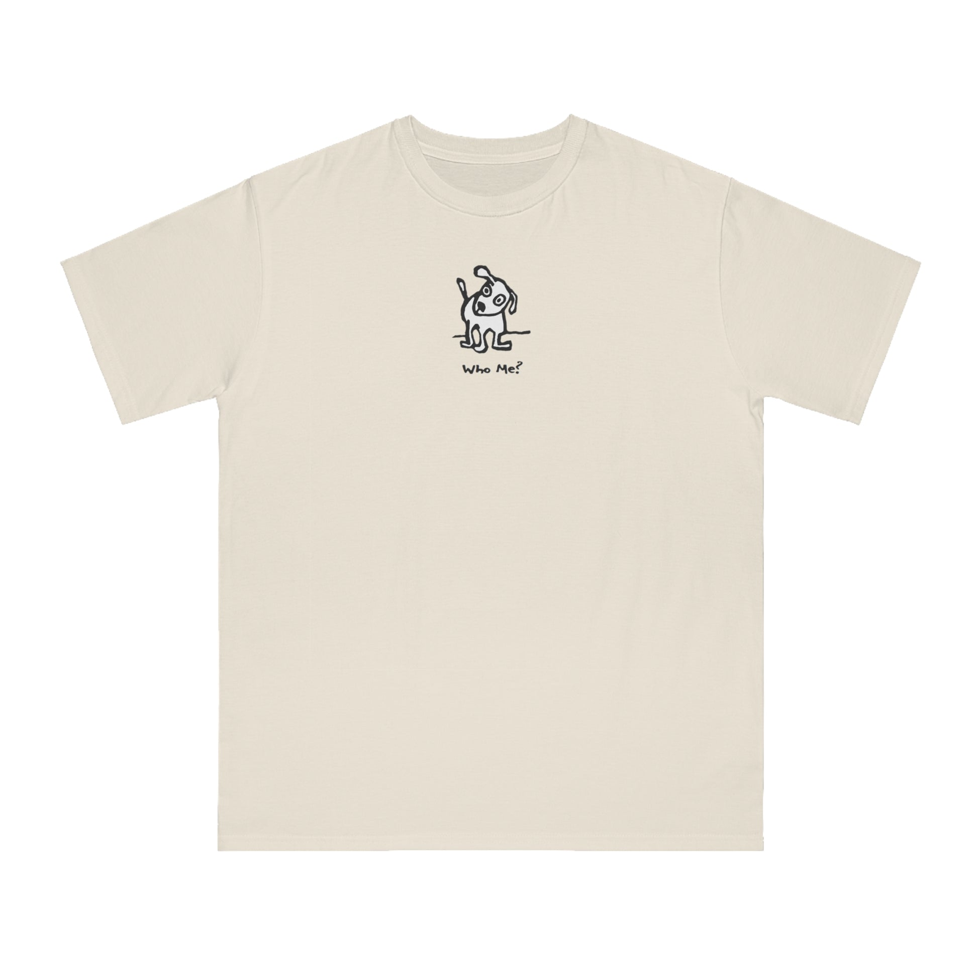 White dog with head cocked to one side on dolphin blue tinted unisex men's t-shirt. Text under image reads Who Me