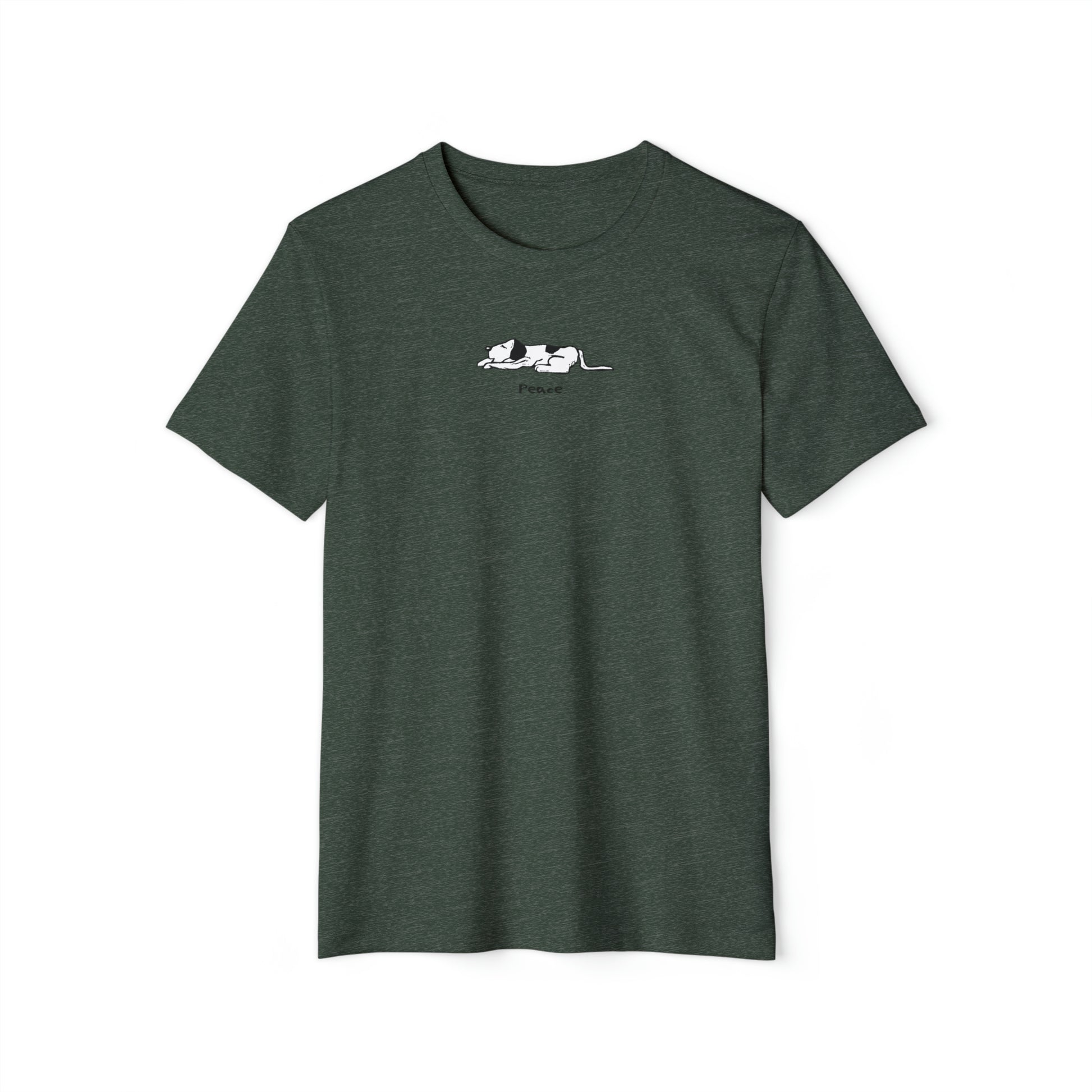 Black and white lying down sleeping dog on heather military green color unisex men's t-shirt. Text under image says Peace.