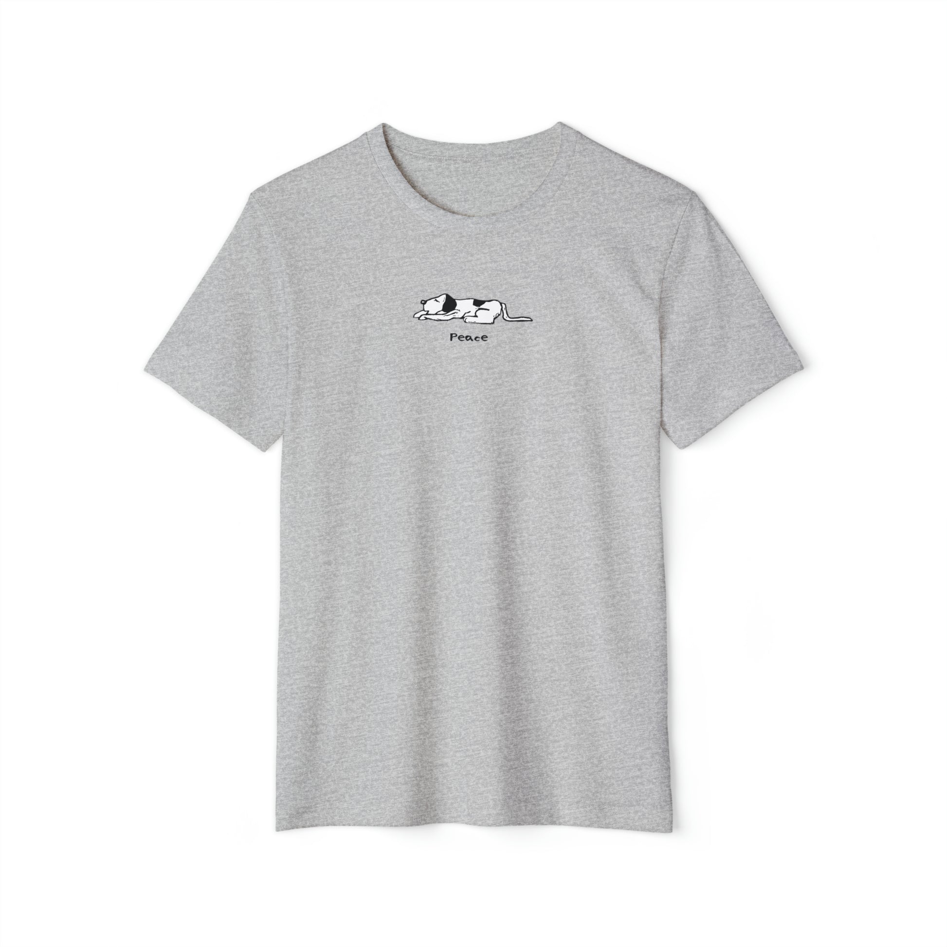 Black and white lying down sleeping dog on athletic heather grey color unisex men's t-shirt. Text under image says Peace.
