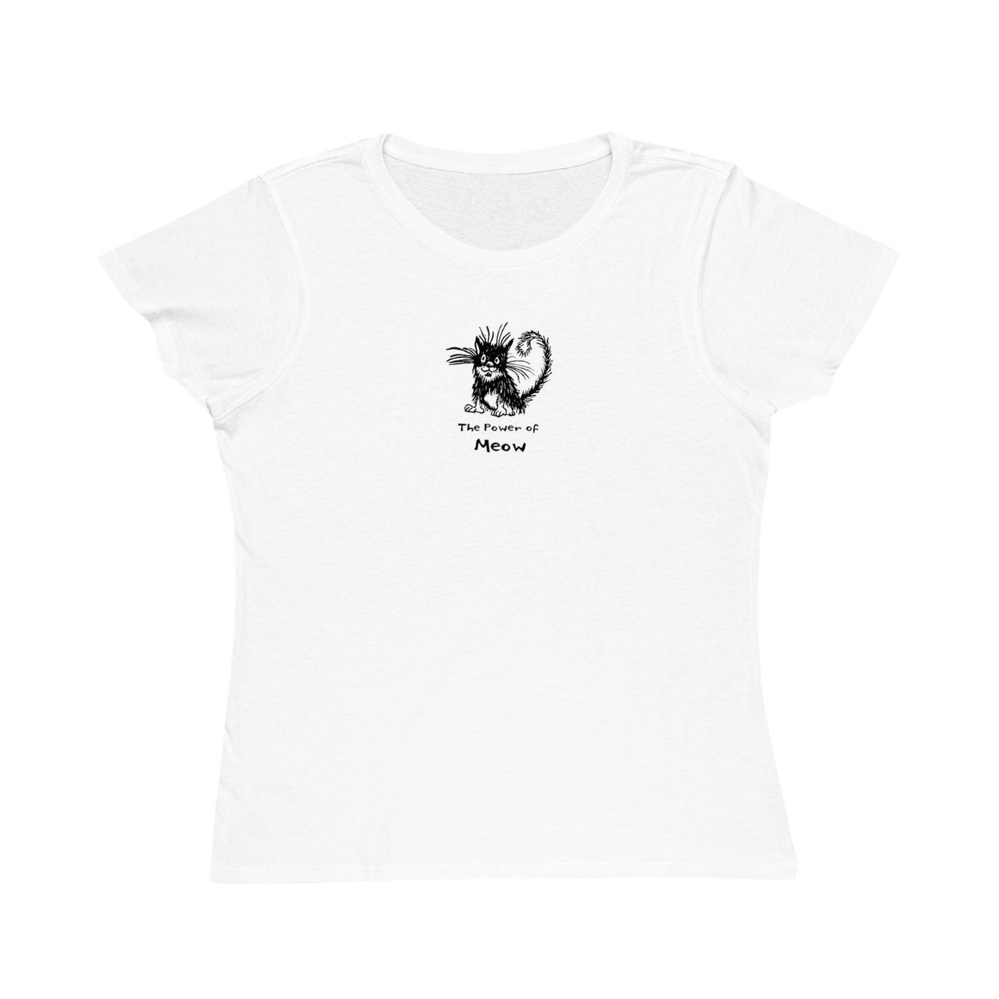 Black and white cat sitting on white color women's t-shirt. Text under reads The Power of Meow