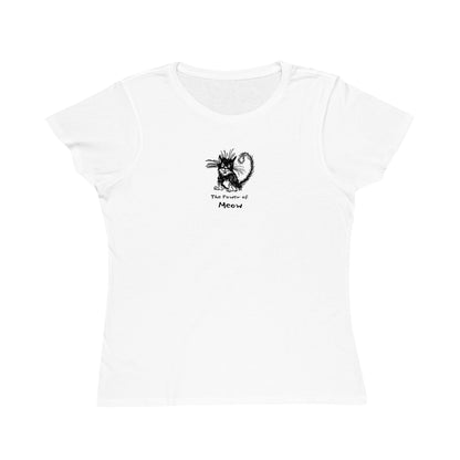 Black and white cat sitting on white color women's t-shirt. Text under reads The Power of Meow
