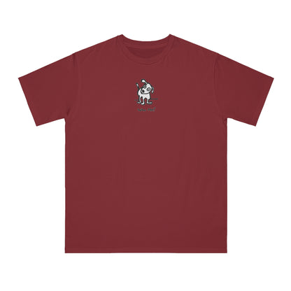 White dog with head cocked to one side on manzanita deep red color unisex men's t-shirt. Text under image reads Who Me